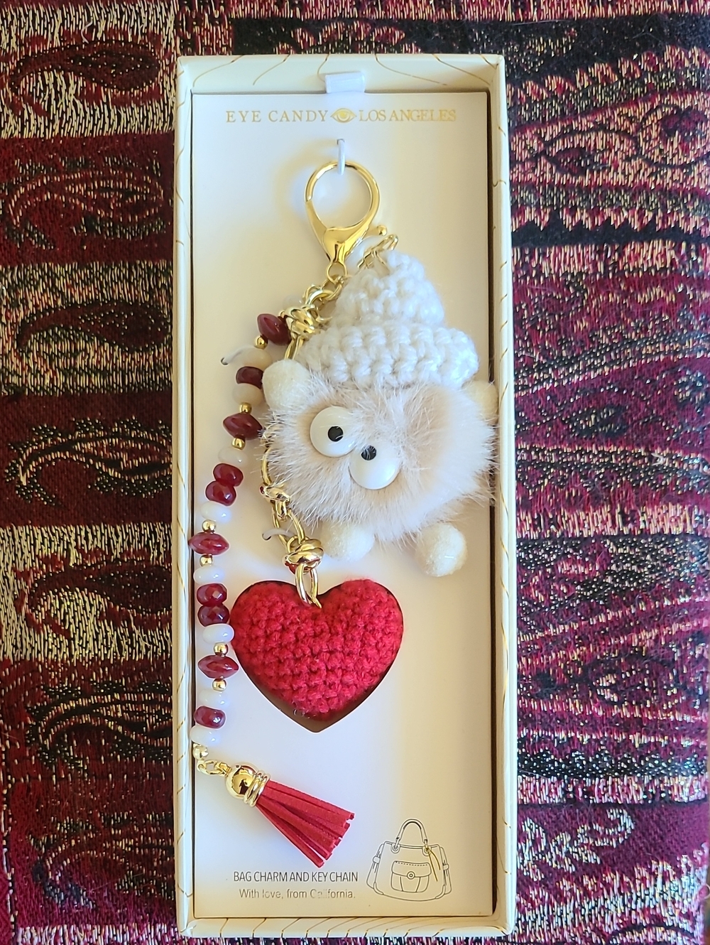 eye candy Red Heart Crochet & Fur Pom Pom Keychain with Tassel